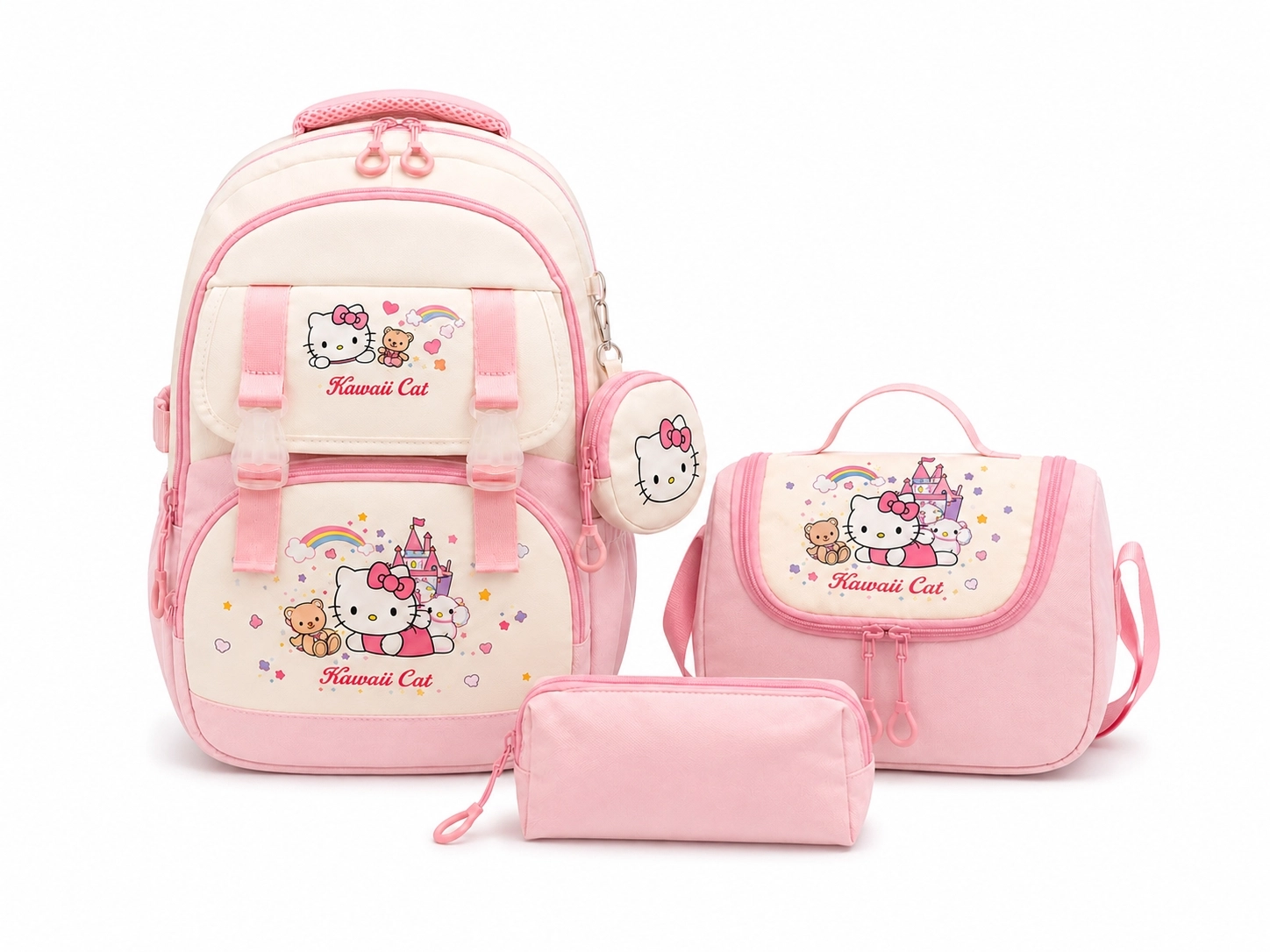 Kore Kawaii 4’lü Okul Çantası Seti Ortopedik Sırt Çantası - Twill Kumaş, Termal Beslenme Çantası, Kalemlik ve Cüzdan