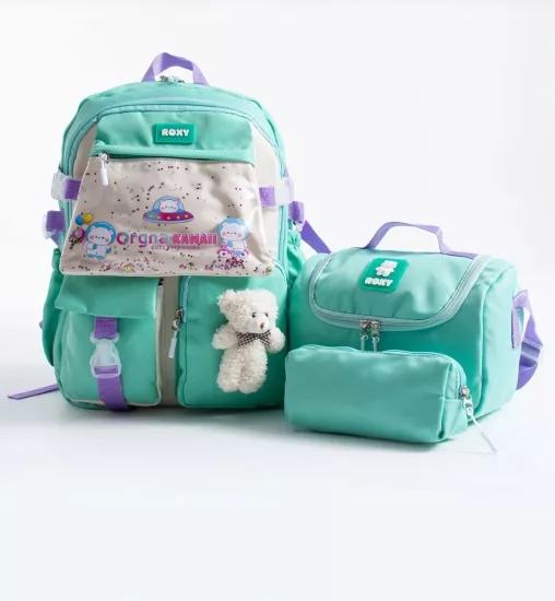  Kore Kawaii Ayıcıklı Okul Çantası Seti – Sırt Çantası + Beslenme Çantası + Kalemlik