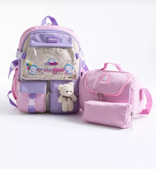 Kore Kawaii Ayıcıklı Okul Çantası Seti – Sırt Çantası + Beslenme Çantası + Kalemlik