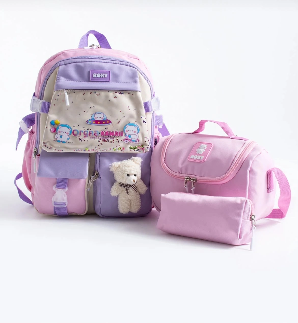 Kore Kawaii Ayıcıklı Okul Çantası Seti – Sırt Çantası + Beslenme Çantası + Kalemlik