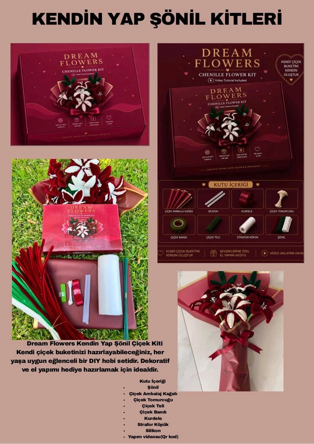 Dream Flowers Kendin Yap Tam Set Şönil Seti-Kırmızı